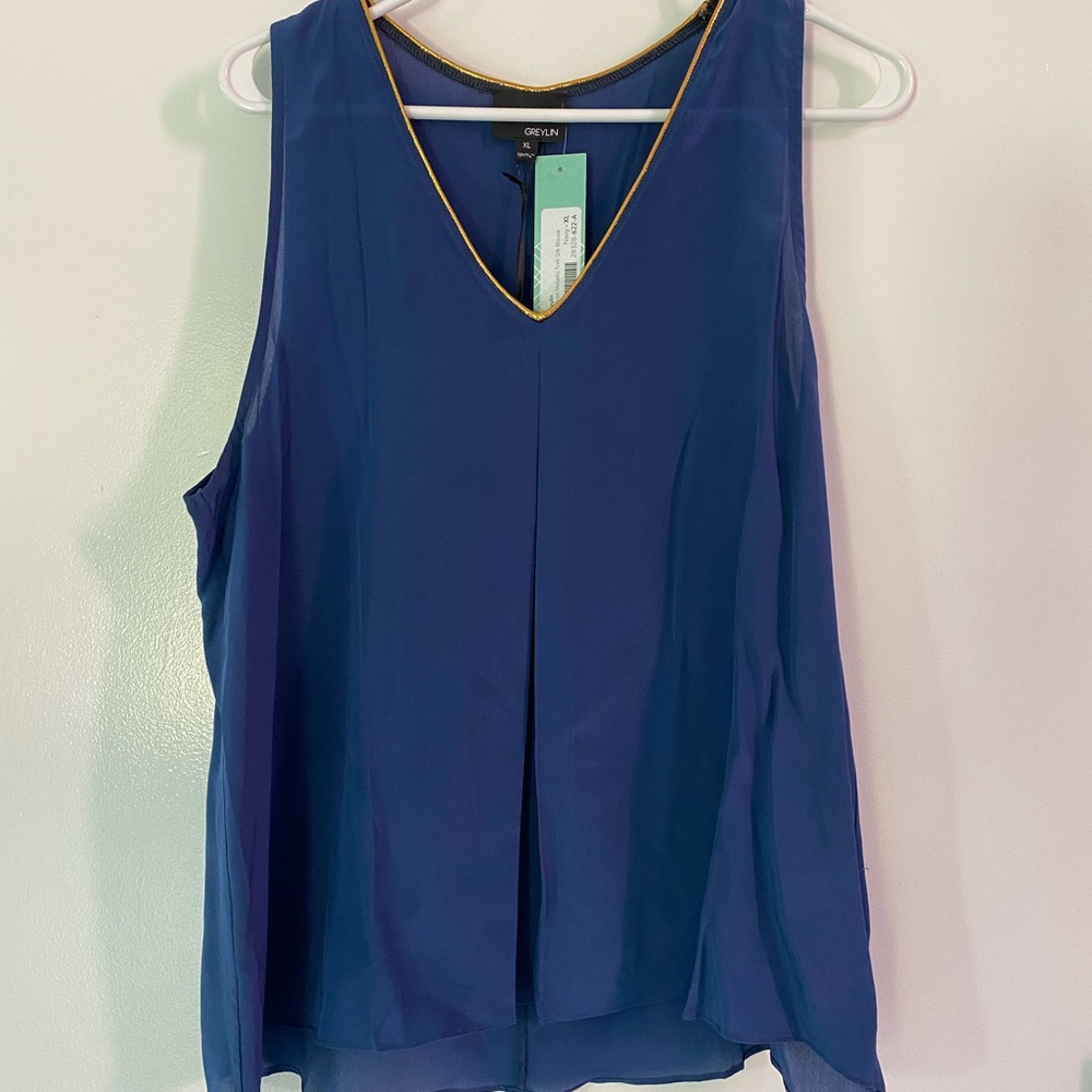NWT Greylin Metallic Trim Navy Silk Blouse XL